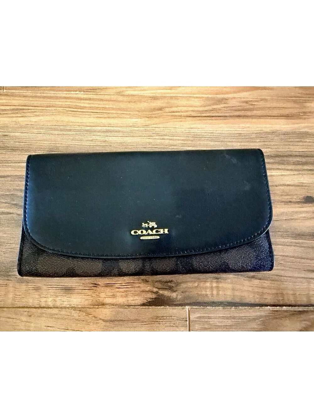 Coach New York Trifold Checkbook Wallet Black & Brown Canvas